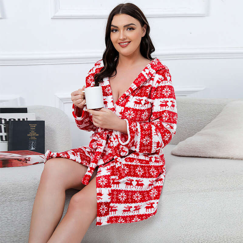 Warm Plus Size Flannel Nightgown Thickened Bathrobe Christmas Deer Morning Robe