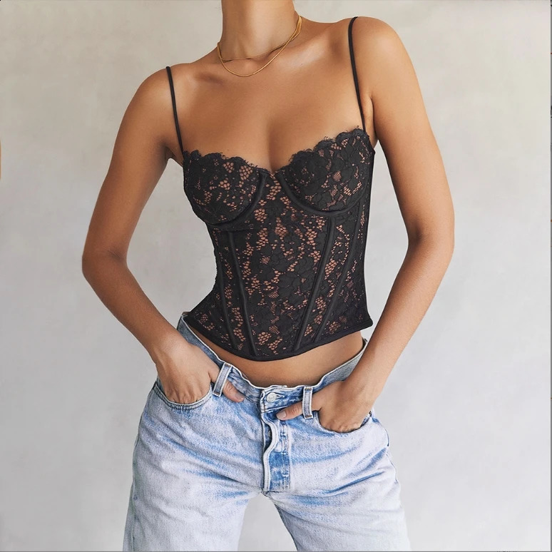 Summer Chic And Elegant Crochet Lace Pink Tops Women Sexy Chest Padded Camis Vest Streetwear Clothes Cute Crop Corset Top 240726