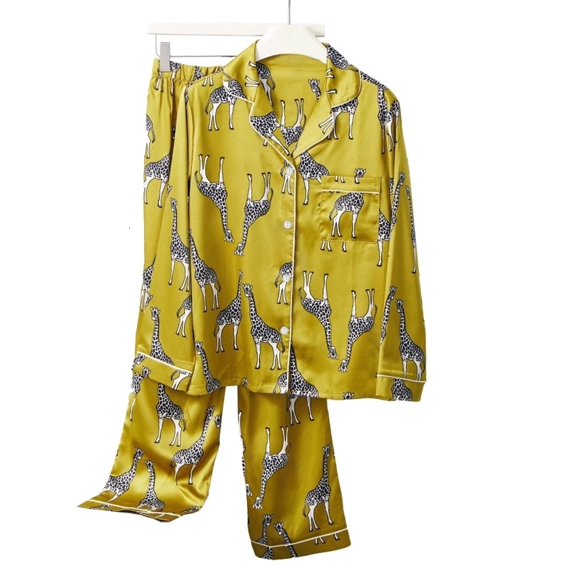 Womens Pajamas Sets Spring Autumn 2 Piece Giraffe Print Pyjama Faux Silk Satin Sleepwear Long Sleeve Pijama Mujer Pjs Homewear 240726