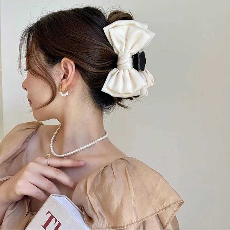 Black Double-sided Bow Clip Women Large Satin Shark Hair Claw Solid Bowknot Hairpin Barrettes Headbands Fashion Hair AccessoriesL240727