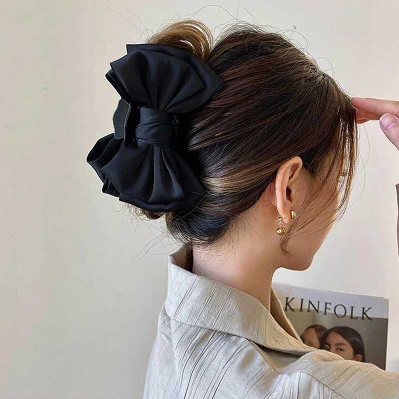 Black Double-sided Bow Clip Women Large Satin Shark Hair Claw Solid Bowknot Hairpin Barrettes Headbands Fashion Hair AccessoriesL240727