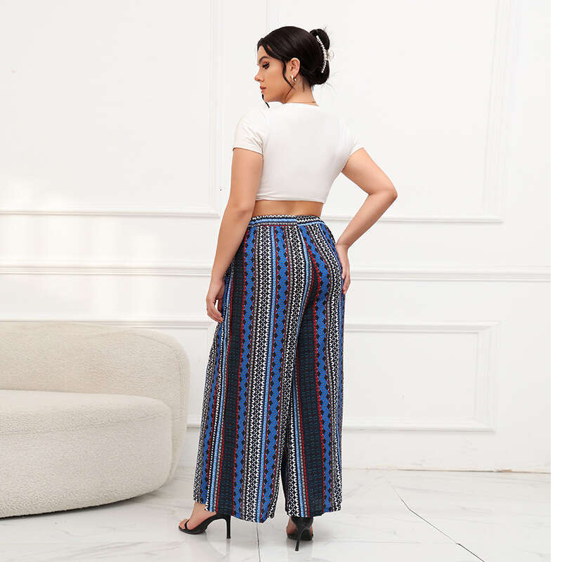 Hot Selling Oversized Wide Leg Bohemian Striped Blue Elastic Waist Pants Seaside Vacation Beach Pants Overalls Pants Trousers Cartoon Waterproof Trous