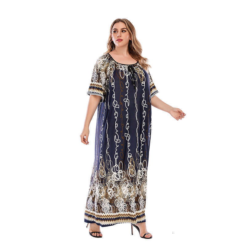 Saudi Arabias Best-selling Palace Gorgeous Navy Blue Graffiti Oversized Loose and Chubby Mm Ice Silk Dress 25 Long Summer Dress Loose Sexy Silk Dress