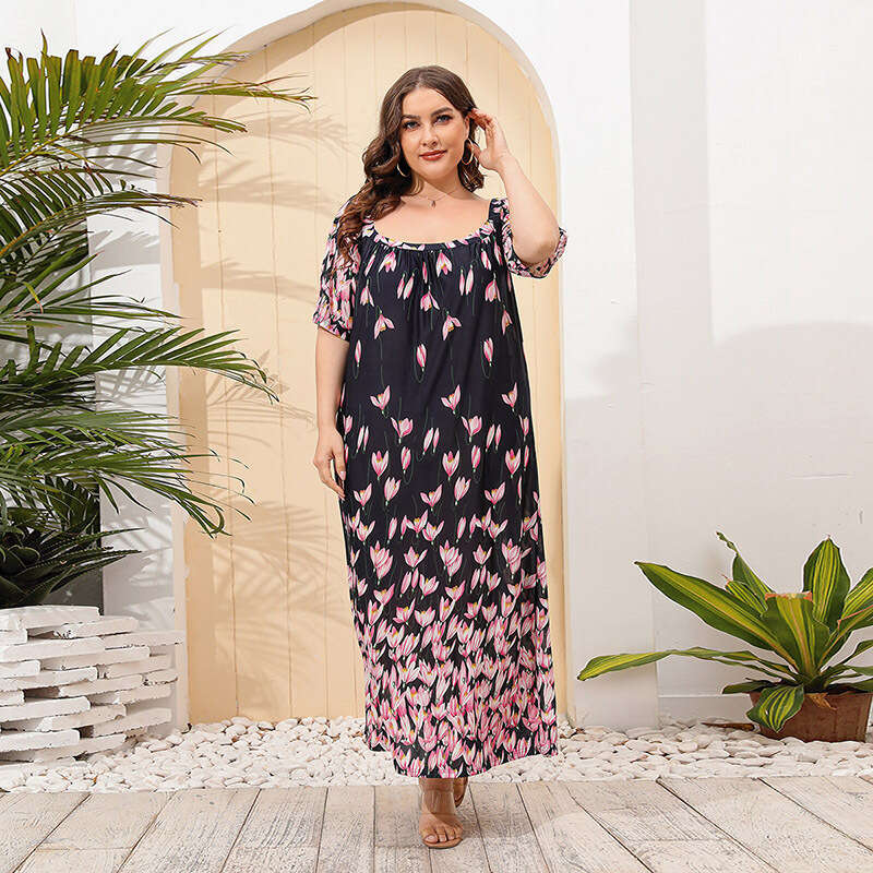 Hot selling oversized womens loose fitting home dress short sleeved floral long dress