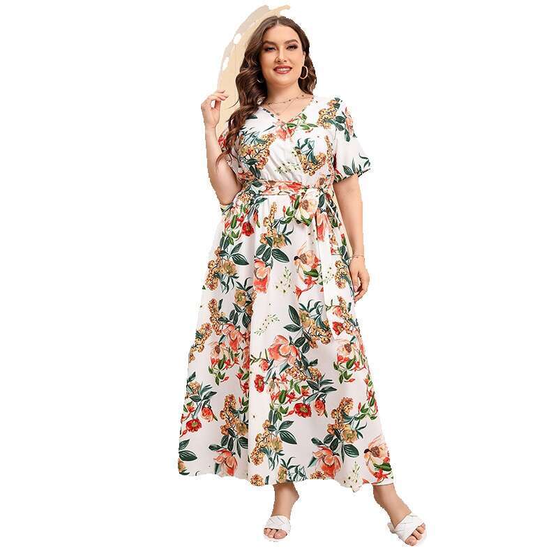 Russian American New Hot Selling Large Size Loose V-neck Dress Womens Elastic Waist Short Sleeve Printed Long Skirt Waist BOHO DRESS High Waist Dress