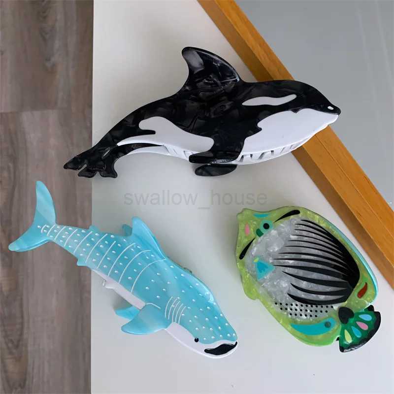2024 New Design Cartoon Marine Dolphin Shark Hair Clips Cute Whale Salmon Acetate Hair Claws Hairpins Accessories For WomenL240727