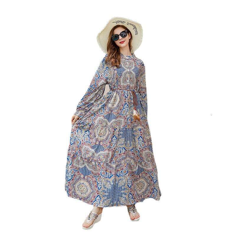 Bohemian Spring New Temperament Sleeved Plus Size Dress Womens Print Forest Style Fat Mm Can Be Worn Long Loose Bifurcated Novelty Waist Silk Dress BO