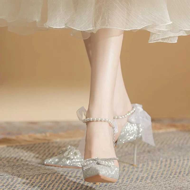 High Quality Womens High Heel Sandals Summer Fi Bow Pearl Womens Pointed Toe Pump Elegant Womens Party Sandals Womens Shoes T241024