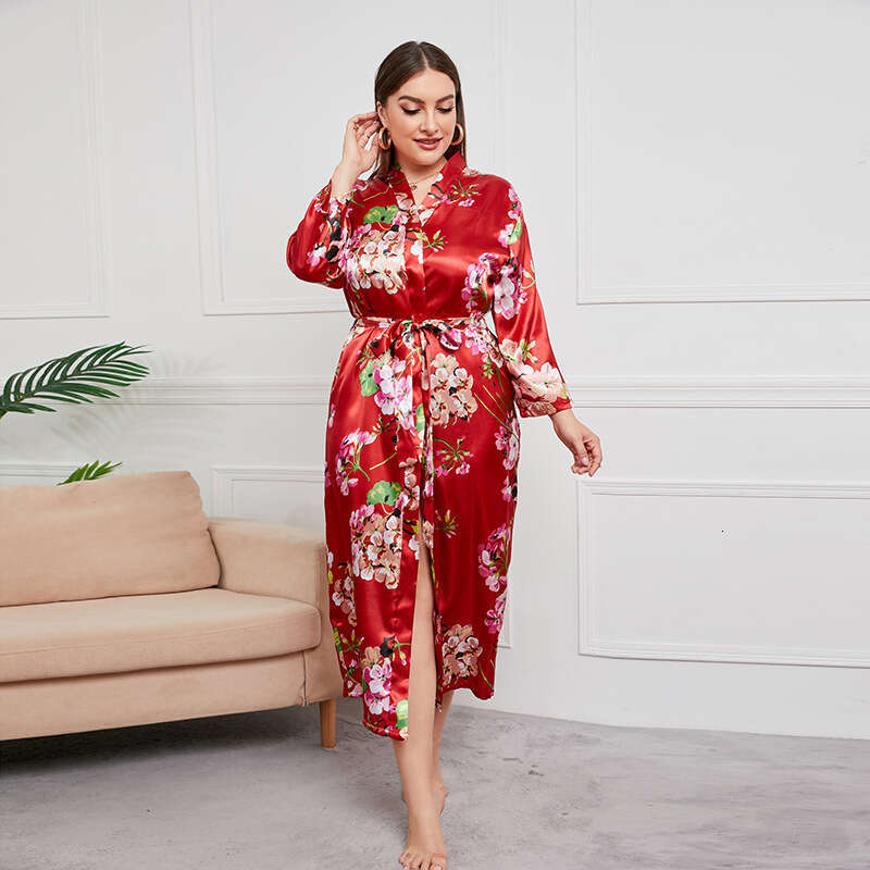 Oversized womens long nightgown skirt imitating silk printed home clothes can be worn externally