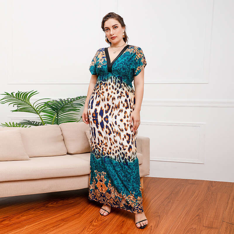 Business Affairs Large Size Womens Bohemian Fat Mmv Neck Printed Dress Beach Long Skirt Long Summer Dress Sexy Novelty Waist Loose Temperament BOHO DR