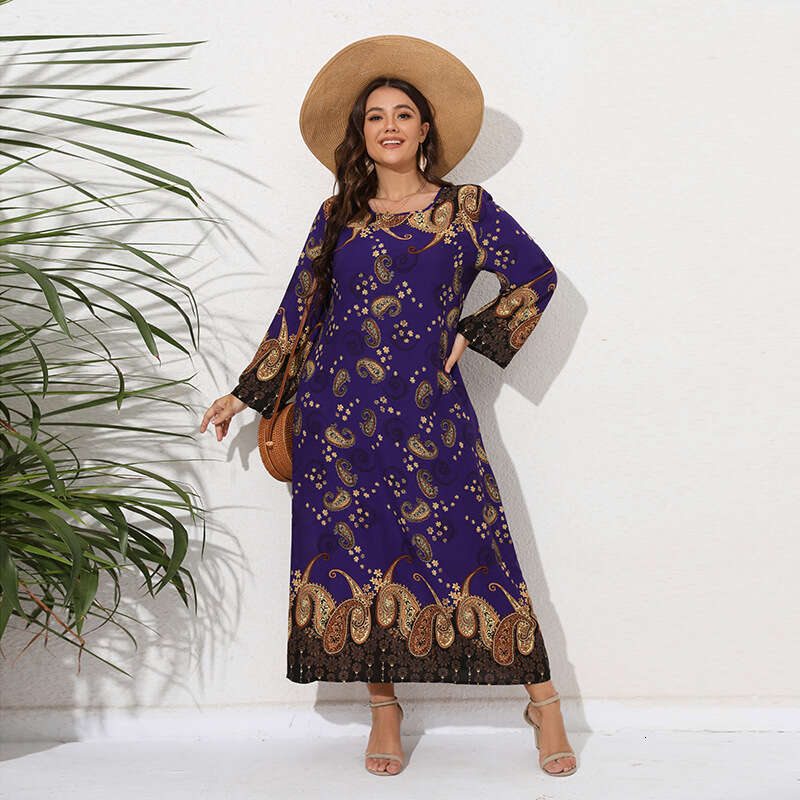 Hot Selling Oversized Loose Round Neck Printed Dress for Womens Spring and Autumn Ethnic Style Long Skirt Novelty Loose SKINNY DRESS Oversize Dress