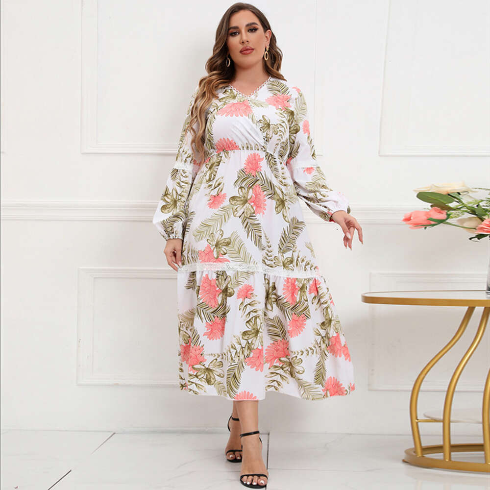 Hot Selling Spring and Autumn Patchwork V-neck Dress Womens Lace Print Chubby MM Large Long Skirt Waist Loose Short Bifurcated Sexy Silk Dress Denim D