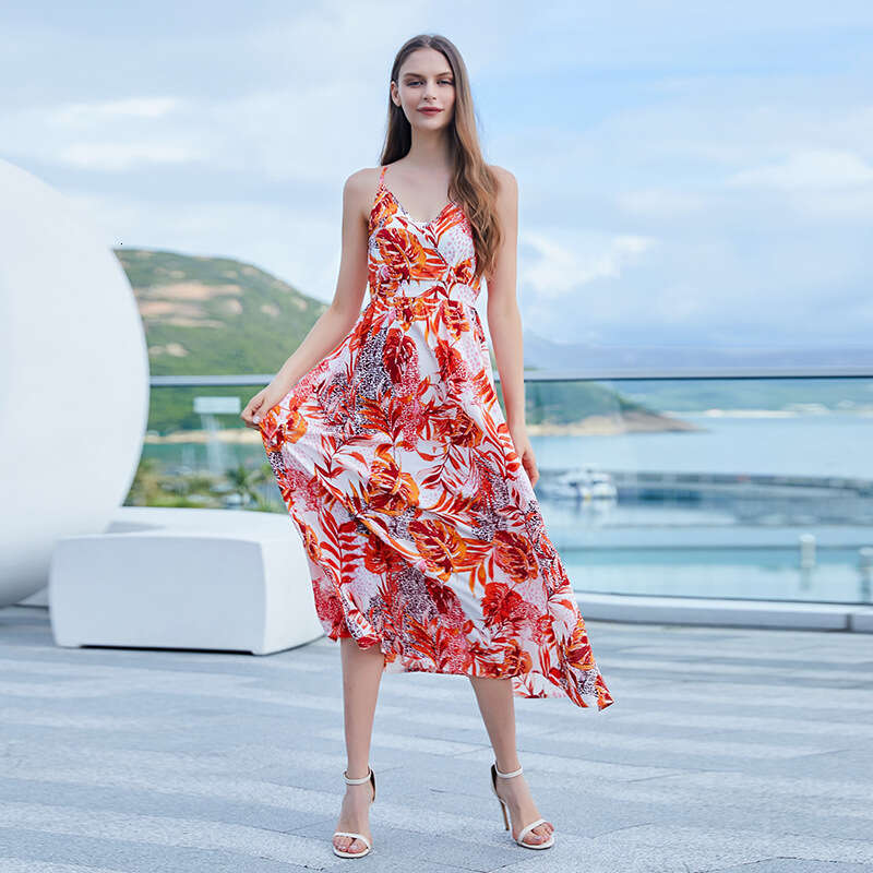Hot Selling Latin American Camisole Backless Dress for Women with Bohemian Style Printed V-neck Slit Long Skirt Temperament Waist Oversize Dress Lace 