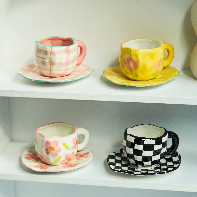 Nordic Monochrome Cup Black and White Checkerboard Mug Ceramic Cup Ins Coffee Cup Dish Afternoon Tea Cups Creative Mugs 240712bj S25109