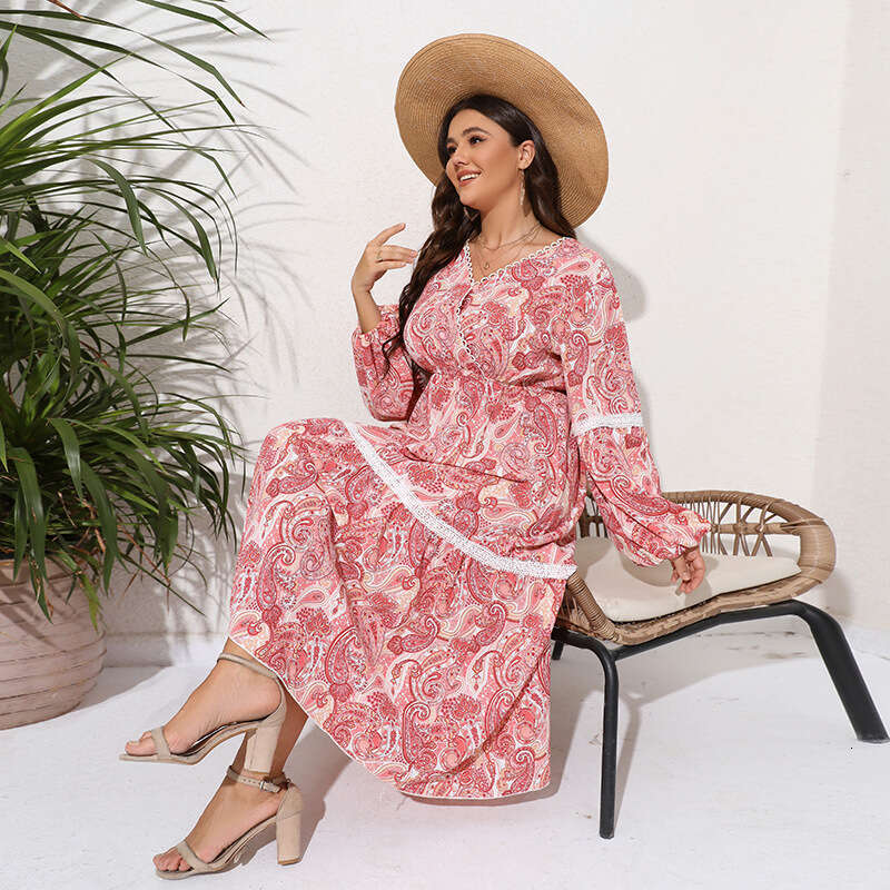Hot Selling Spring and Autumn Patchwork V-neck Dress Womens Lace Print Chubby MM Large Long Skirt Waist Loose Short Bifurcated Sexy Silk Dress Denim D
