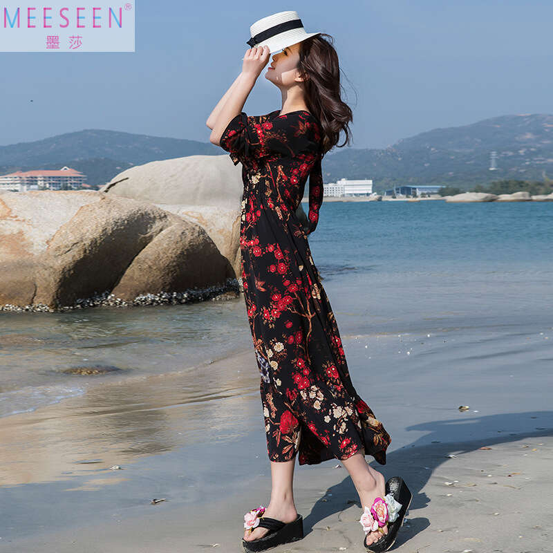 Chiffon Womens Summer Lotus Leaf Mid Sleeve Fragmented Flower with Fat Plus Size Loose Flare Skirt Holiday Beach Long Dress Pregnant Womens Dress