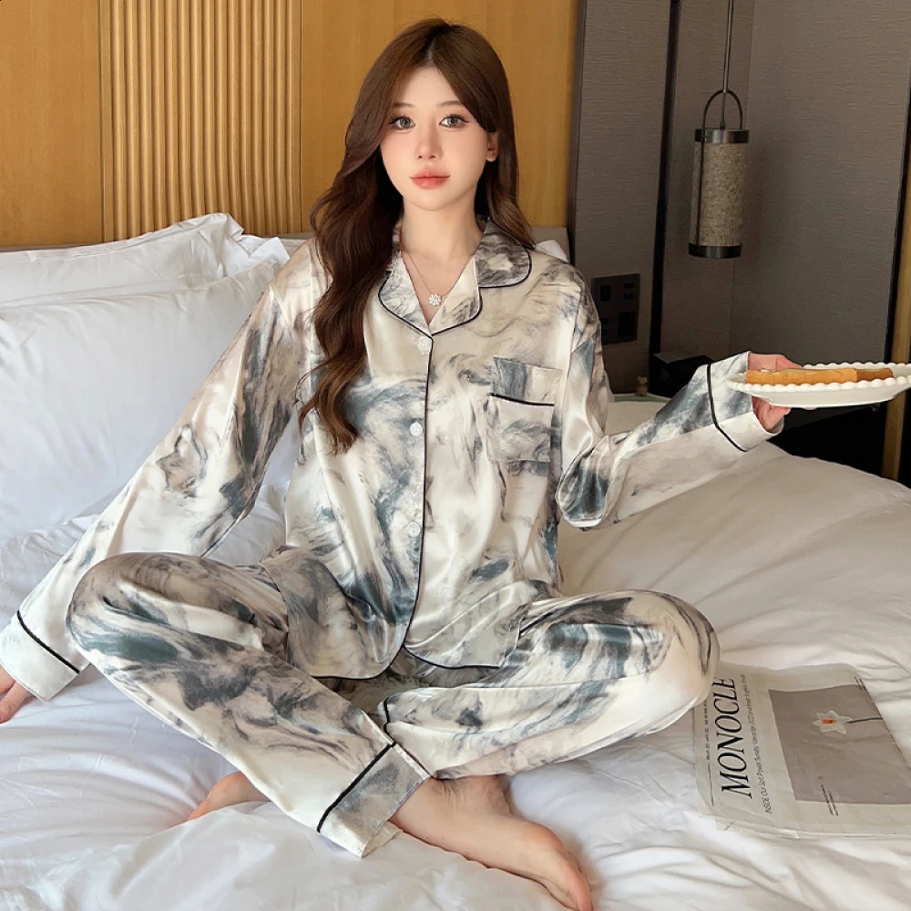Floral Print Simulated Silk Women Sleepwear 2024 Spring Autumn China Style Ink Painting Classic Pajamas Loose Soft Lady Lounge 240726