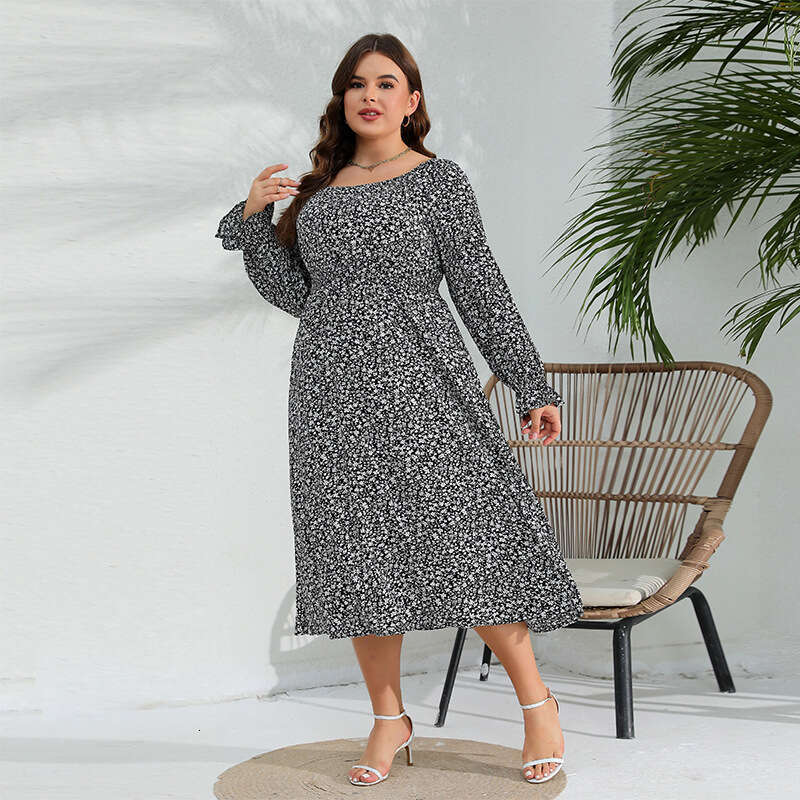Spring New Oversized Sleeved with Floral Elastic Waist Elegant Long Dress and Lotus Leaf Sleeves Novelty Waist Self-cultivation Bifurcated BOHO DRESS