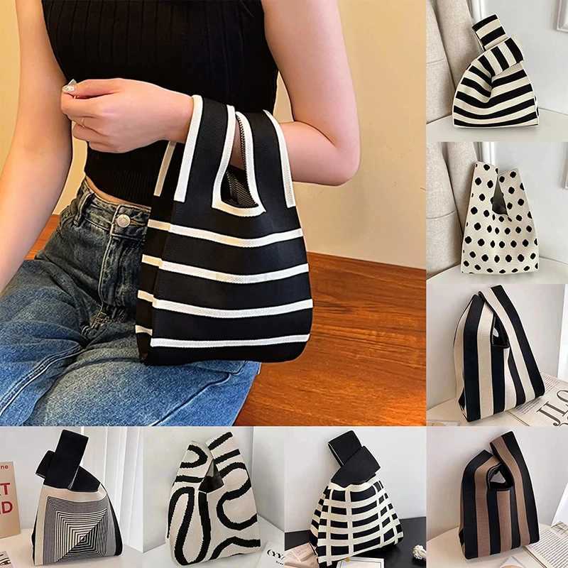 Handmade Knit Handbag Women Mini Knot Wrist-bag Female Casual Color Wide Stripe Plaid Tote Bag Student Reusable Shopping BagXJ240727