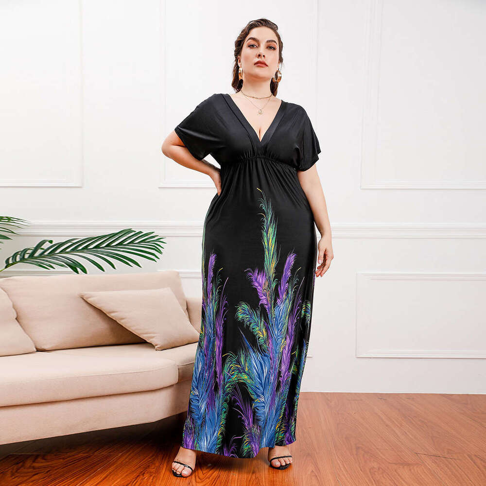 Business Affairs Large Size Womens Bohemian Fat Mmv Neck Printed Dress Beach Long Skirt Long Summer Dress Sexy Novelty Waist Loose Temperament BOHO DR