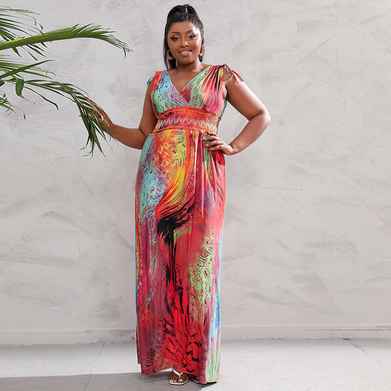 Hot Selling Plus Size Ice Silk Dress in Russia and the United States Long Printed with V-neck Elastic Waist Poppy Floor Length Skirt Waist Oversize Dr