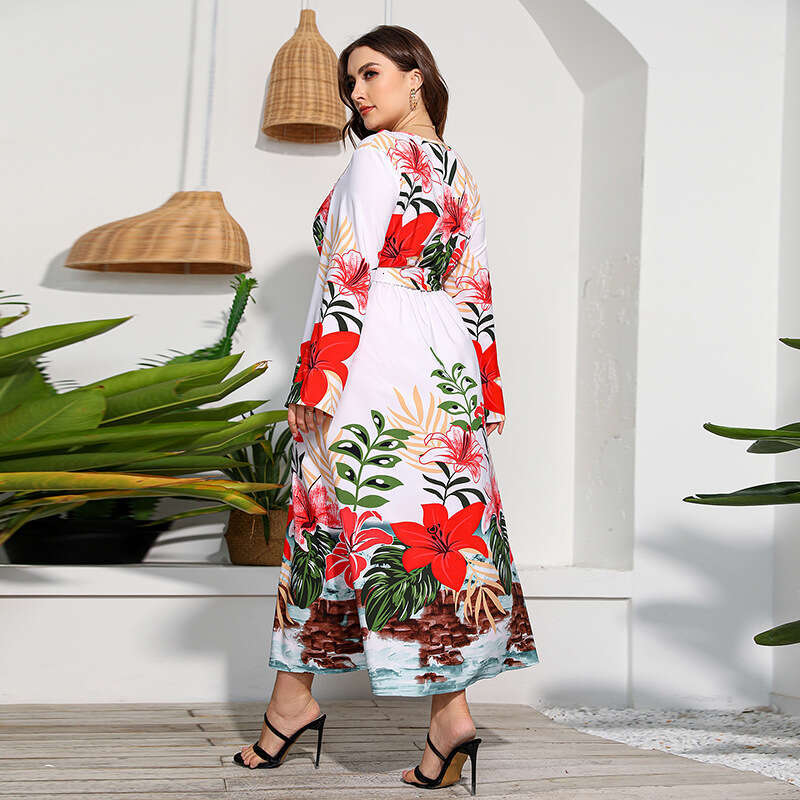 Hot Selling Large-sized Printed Sleeved Dress with High Waistband and Holiday Style Large Hem Long Skirt Sexy Short Self-cultivation SKINNY DRESS