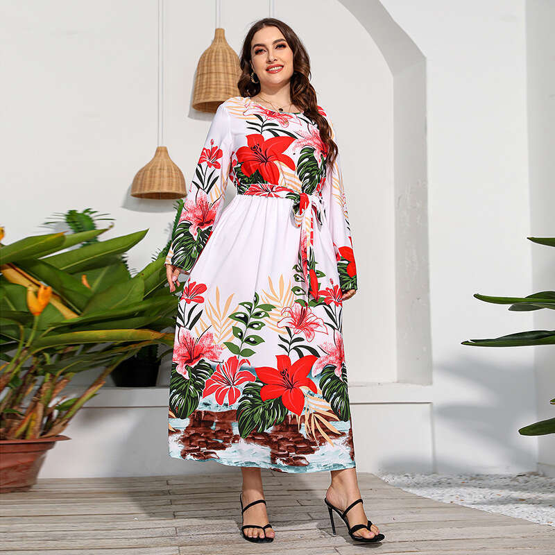 Hot Selling Large-sized Printed Sleeved Dress with High Waistband and Holiday Style Large Hem Long Skirt Sexy Short Self-cultivation SKINNY DRESS