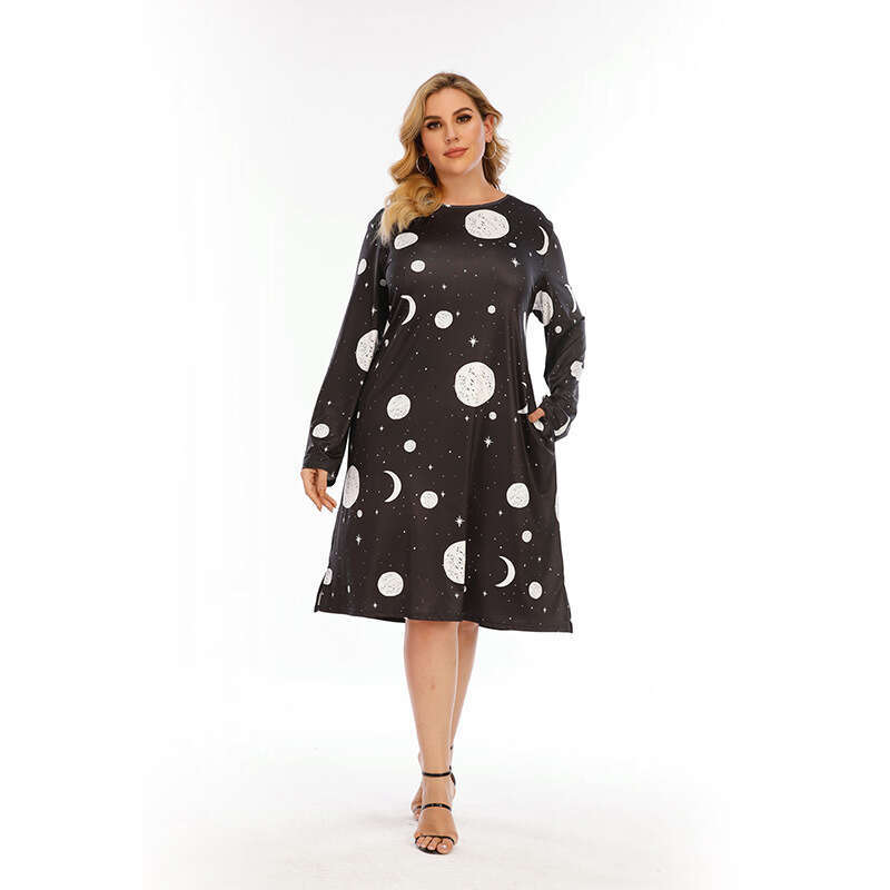 Spring New Graffiti T-shirt Skirt Large Casual Home Fury Print Loose Mid length Dress Pocket