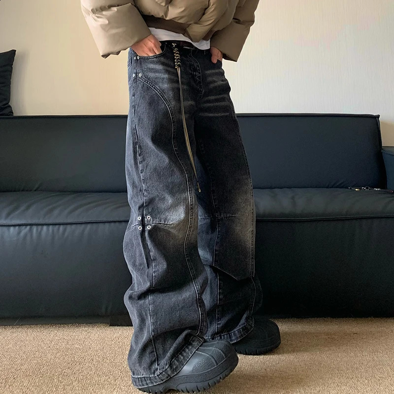 FEWQ Wash Gradient Rivet Cleaning Jeans Mens Niche Wide Leg Straight Trend 2024 Retro Fashion Men Trouser 24E1084 240726