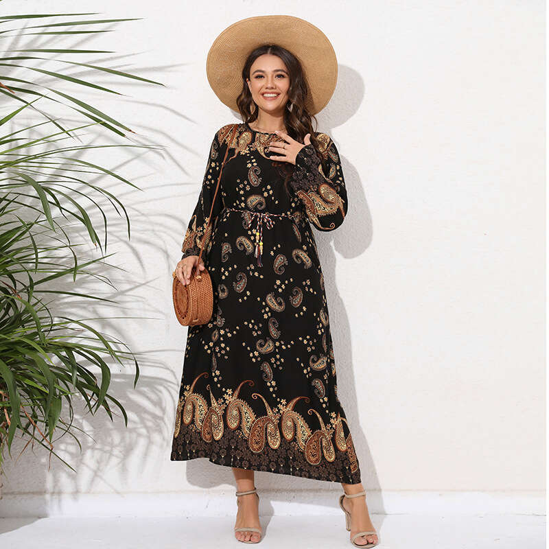 Hot Selling Large Size Sleeved in the United States Womens Spring Autumn Cashew Print Loose and Slimming Long Dresses Novelty Silk Dress Round Neck Dr