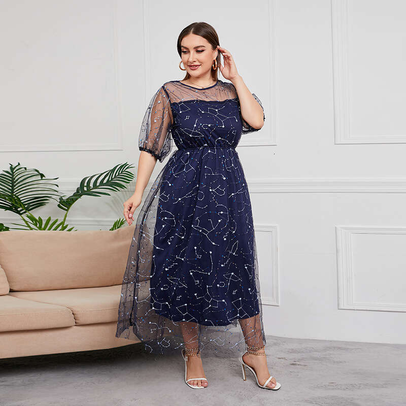 French Hepburn Style Oversized Womens Mesh Embroidered Banquet Party Dress 200 Pounds to Wear Sexy Novelty Waist Temperament Loose Oversize Dress Silk