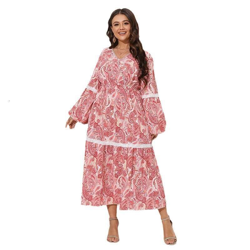 Hot Selling Spring and Autumn Ethnic Style Printed Chubby MM Oversized Dress with Patchwork V-neck Long Skirt in the United States Loose Sexy Round Ne