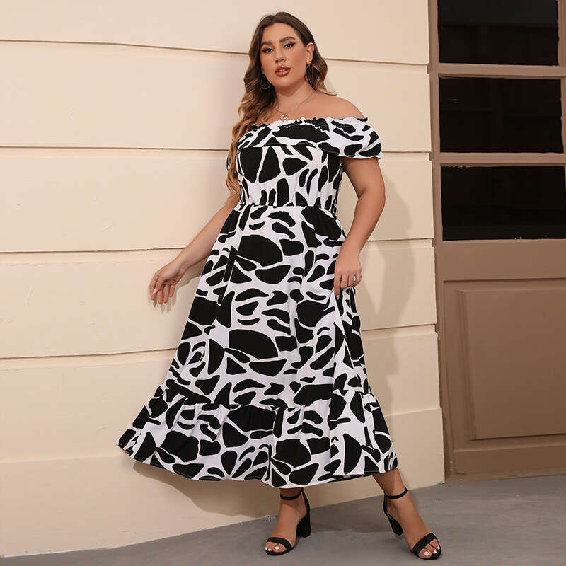 New Hot Selling Classic Black and White Paired Grand Ruffle Edge Long Skirt for Women with Cow Print Print Simple One Line Collar Dress Loose Denim Dr