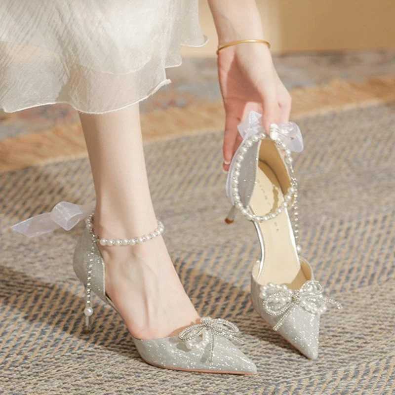 High Quality Womens High Heel Sandals Summer Fi Bow Pearl Womens Pointed Toe Pump Elegant Womens Party Sandals Womens Shoes T241024