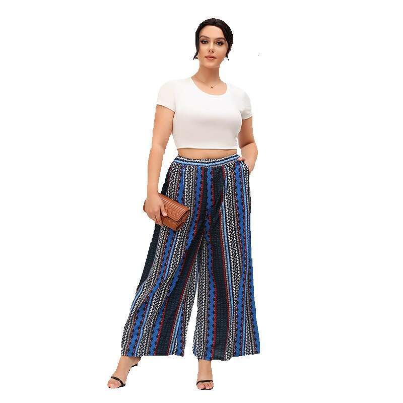 Hot Selling Oversized Wide Leg Bohemian Striped Blue Elastic Waist Pants Seaside Vacation Beach Pants Overalls Pants Trousers Cartoon Waterproof Trous