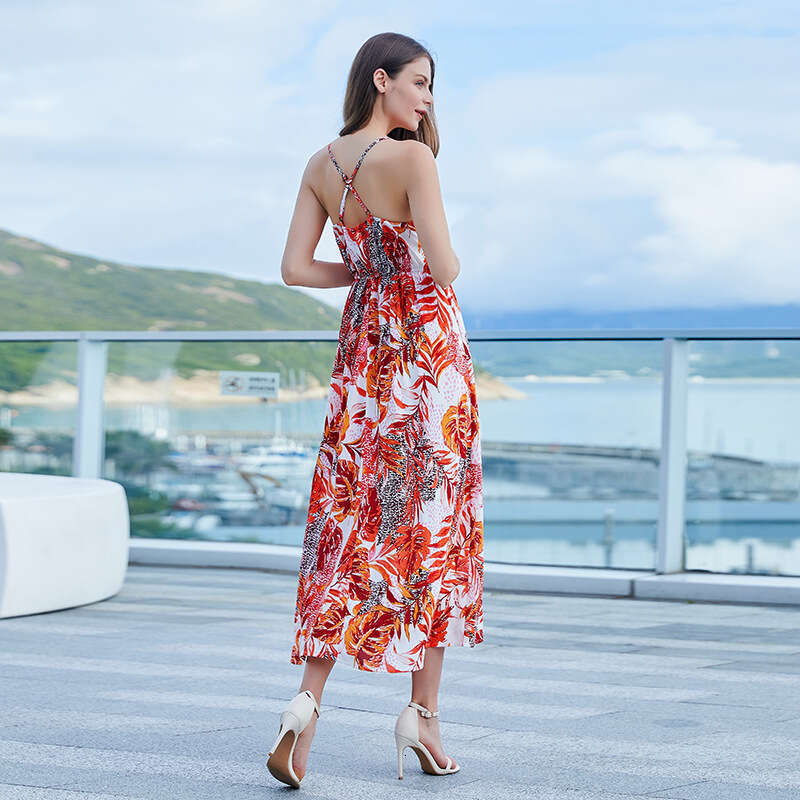 Hot Selling Latin American Camisole Backless Dress for Women with Bohemian Style Printed V-neck Slit Long Skirt Temperament Waist Oversize Dress Lace 