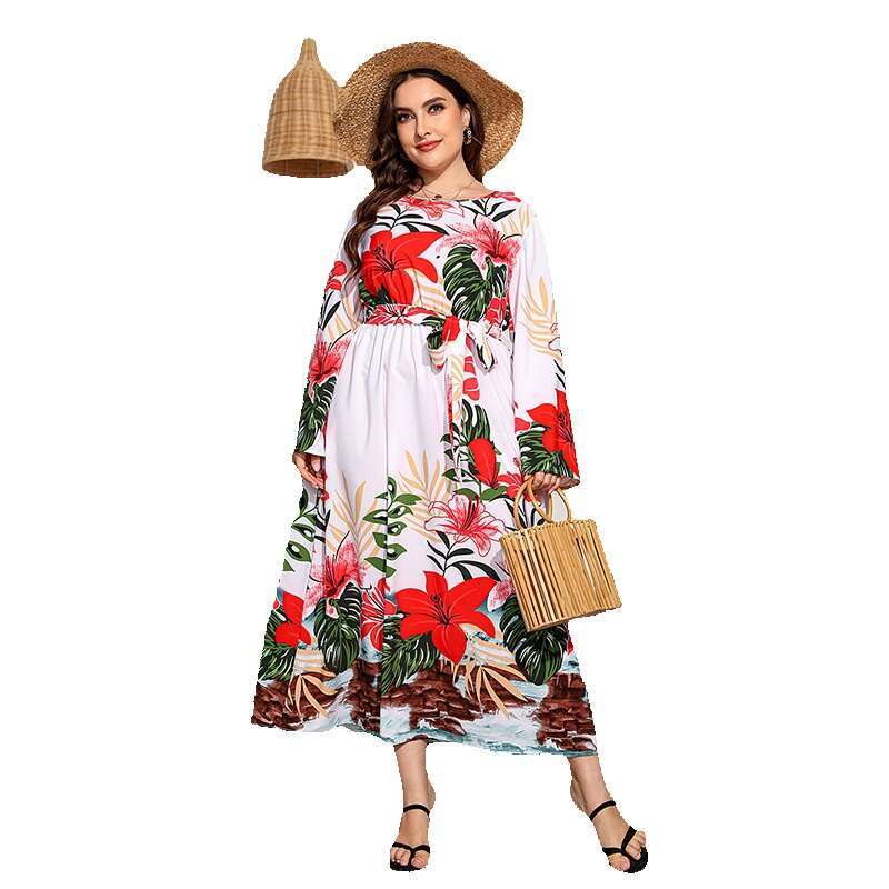 Hot Selling Large-sized Printed Sleeved Dress with High Waistband and Holiday Style Large Hem Long Skirt Sexy Short Self-cultivation SKINNY DRESS