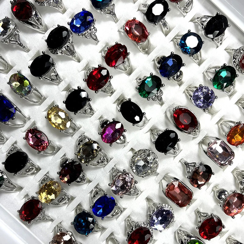 50 piecesbatch factory wholesale womens alloy finger rings multicolor gemstone colored crystal zirconia 240723