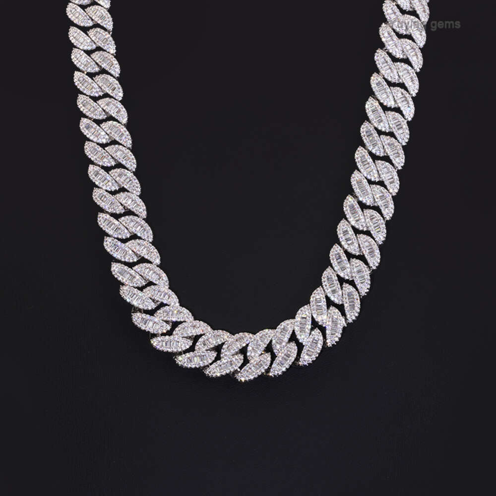 Custom 20mm Wide Baguette with Round Moissanite Pass Diamond Tester 925 Silver Cuban Link Chain
