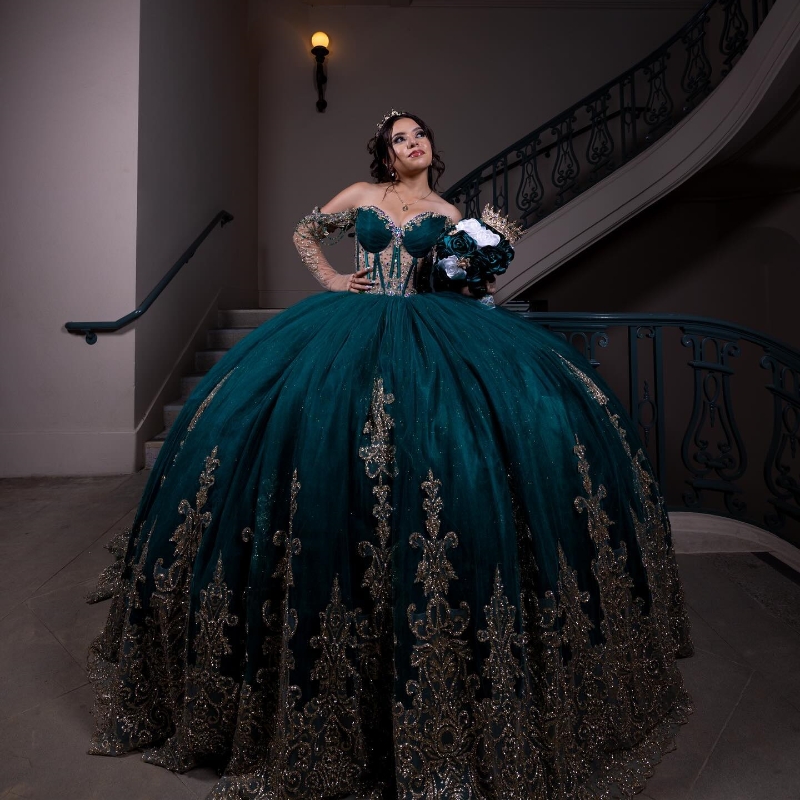 Blackish Green Sequined Appliques Cinnamon Quinceanera Ball Gown Off The Shoulder Birthday Dress Lace Up quinceanera de 15 anos