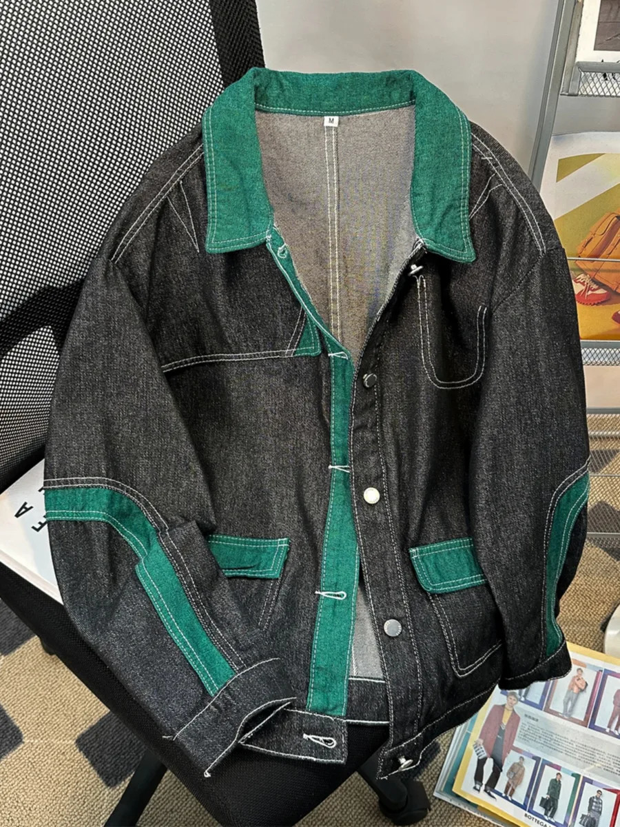 Retro Casual Denim Jacket Mens Spring Autumn Japanese Loose Cardigan Patchwork Unisex Varsity Cowboy Coat Streetwear 240802