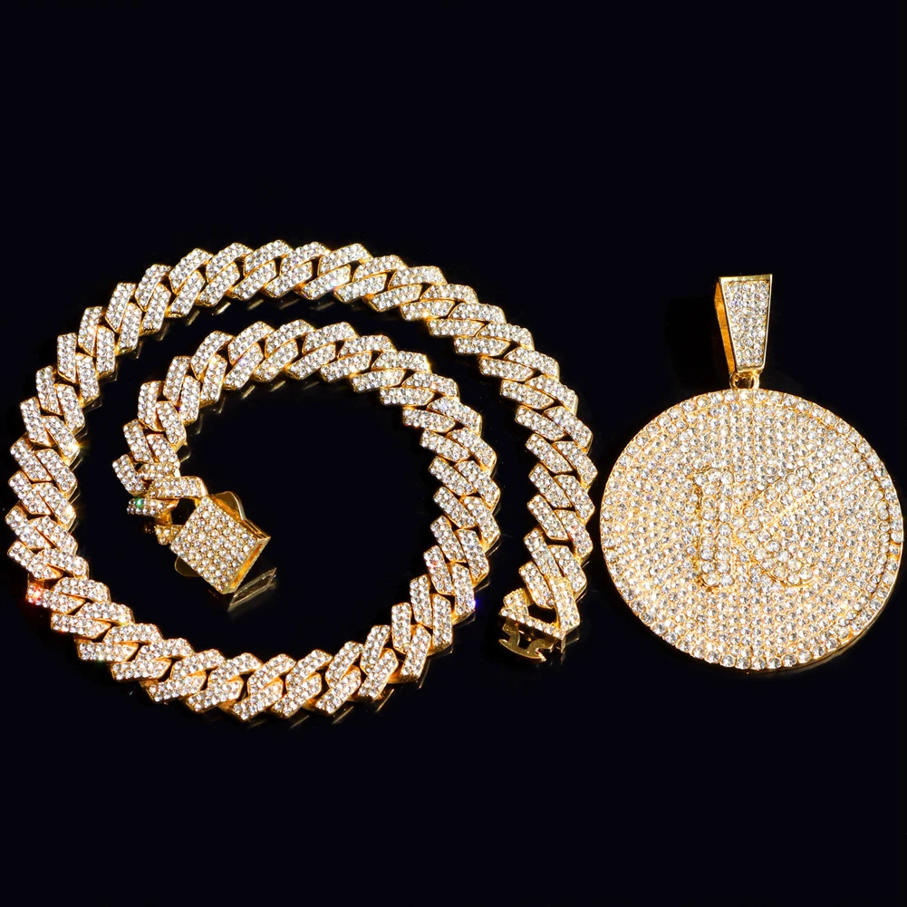 Iced Out 14MM Prong Cuban Chain Letters Necklace For Women Bling Round Initials Name Necklaces Hiphop Chain Couple Gifts Jewelry 240717
