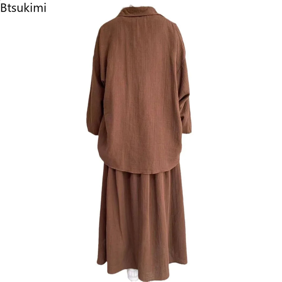 Spring Womens Half Skirt Set Fashion Fluffy Sleeve Shirt and Long Retro Casual Two Piece Muslim 240816
