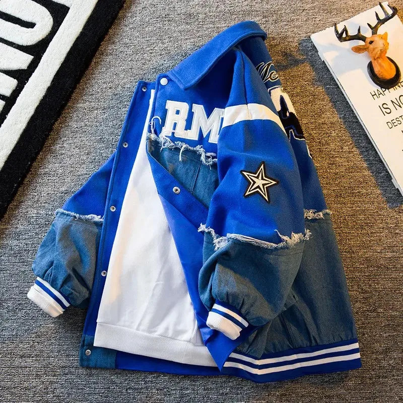 American retro denim sewn fashionable embroidered jacket for men personalized trendy top baseball uniforms in spring and autumn 240827