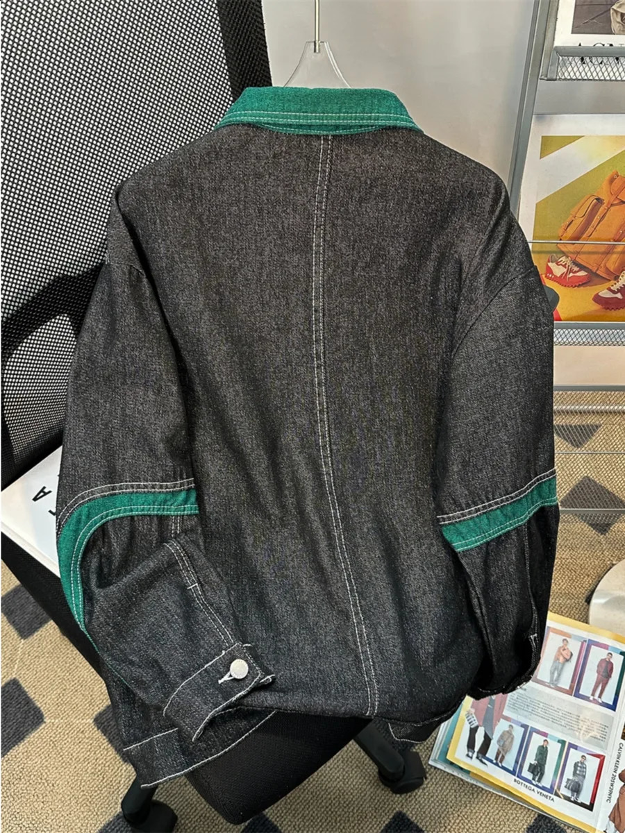 Retro Casual Denim Jacket Mens Spring Autumn Japanese Loose Cardigan Patchwork Unisex Varsity Cowboy Coat Streetwear 240802