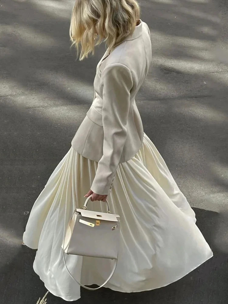 TWOTWINSTYLE Solid Chic Two Pieces Sets For Women Lapel Long Sleeve Blazer High Waist Spliced Pleasted Skirt Elegant Set Female 240727