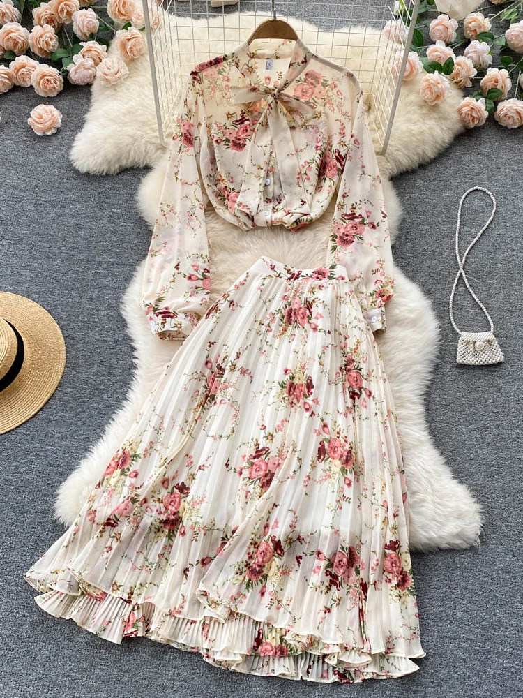 Women Summer Bohemian Floral Print Skirt Set Long Sleeve Short Tops High Waist Pleated Midi Female Two Piece Suits 240727