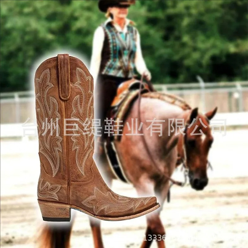 Vintage Boots Womens Embroidered Heeled Red Knee hot High Cowboy Boots, Western Style Mid-Calf Autumn Casual Shoes