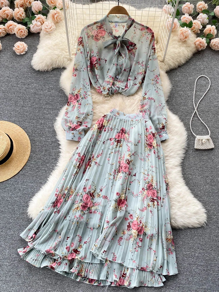 Women Summer Bohemian Floral Print Skirt Set Long Sleeve Short Tops High Waist Pleated Midi Female Two Piece Suits 240727