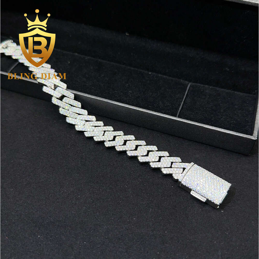 Pass Diamond Test Ice Out 15mm Hip Hop Bracelet 2 Row Round Cut S925 Silver Vvs Moissanite Miami Cuban Chain for Men